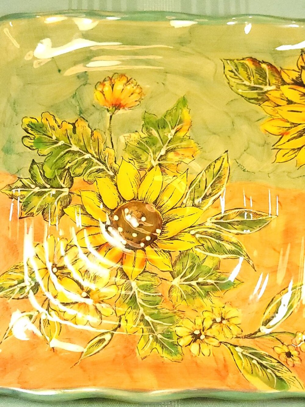 Hand Painted Sunflower Ceramic Square Plate, Circa 2001, HomeSense First Era Dec